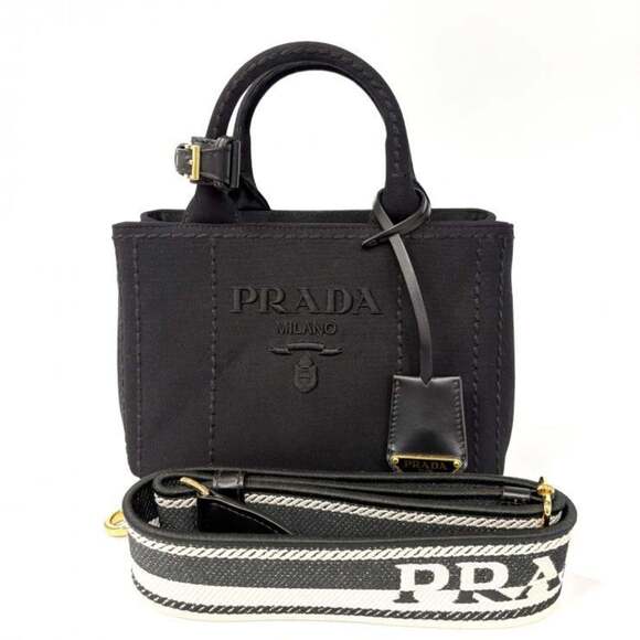 PRADA Handbags - PRADA Canapa RICAMO 1BA038 Cotton Canvas Mini Handbag in Black, 2-Way Shoulde...